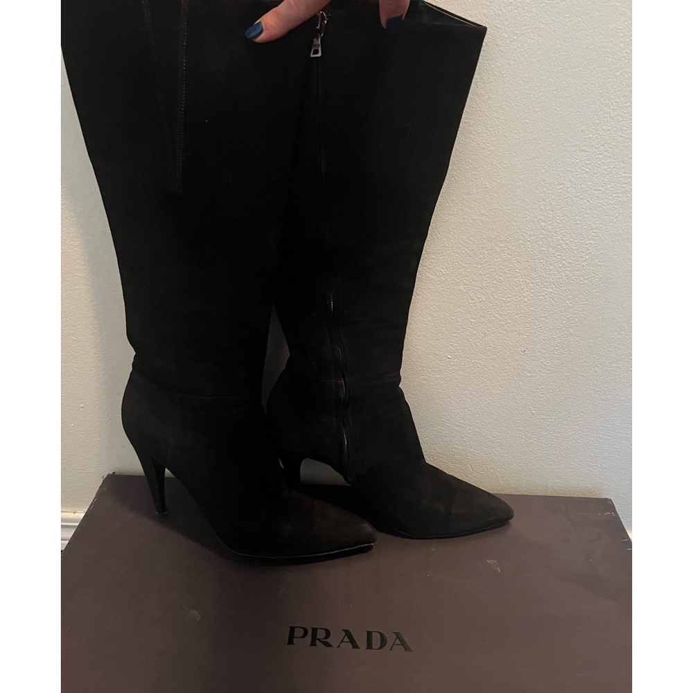 Prada suede knee high black boots w/box